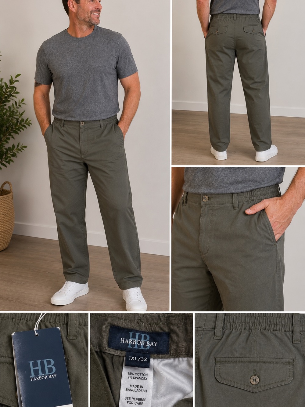 Harbor Bay Men’s Olive Casual Pants Elastic Waist 1XL 32 NWT Cotton